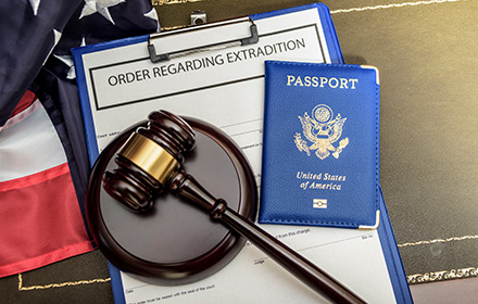 Passport, Judge Gavel and Warrant Request To Represent the Implications of a Criminal Extradition Warrant