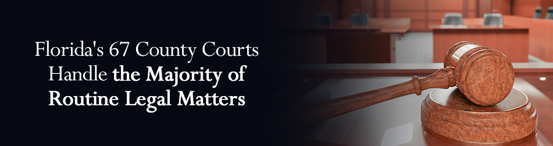 Judge Gavel in Front of Courtroom Benches To Show Florida's County Courts