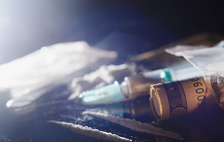 Syringes and Packets of Drug on a Black Surface To Represent Drug Trafficking Charges