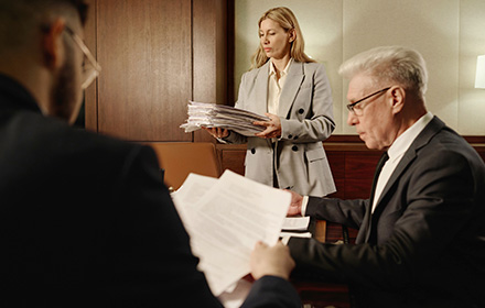 Three Defense Lawyers Looking Through Case Documents After New Charges Have Been Filed